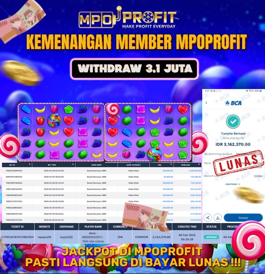 MPOPROFIT JACKPOT SLOT PRAGMATIC! KEMENANGAN MURNI DI (SWEET BONANZA 1000 TOTAL 3.162.370,- LUNAS)